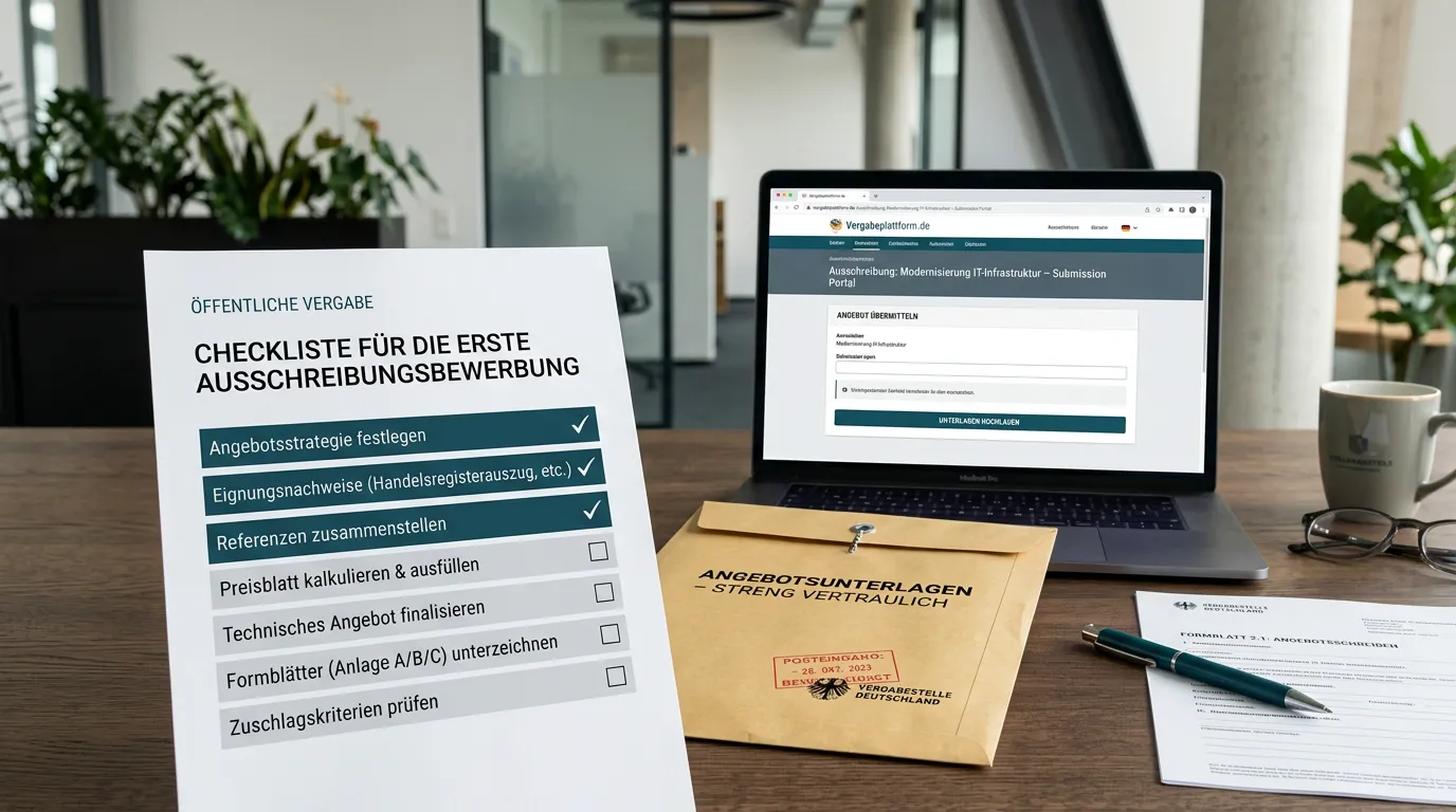 Editorial illustration of a tender submission checklist with documents, seals, and a deadline clock.
