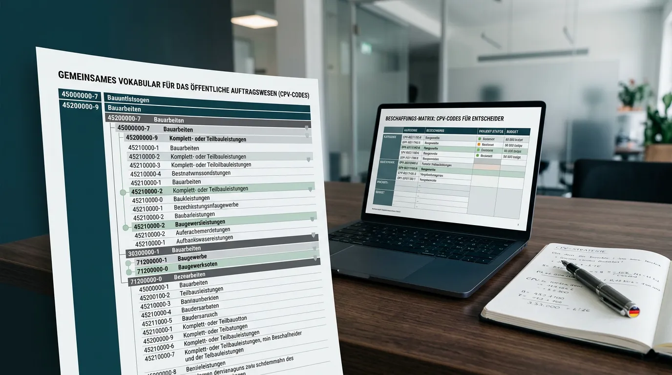 Editorial illustration of a procurement classification system with codes, tags, and branching categories.