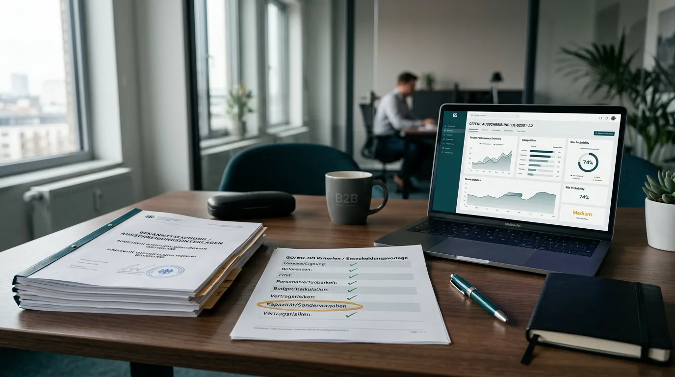 Team bewertet eine Ausschreibung mit Go-No-Go Board, Fristen und Budgetkarten.