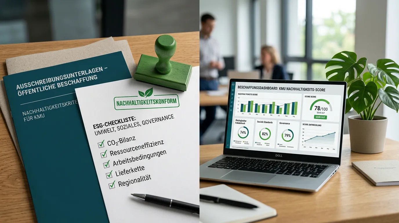 Nachhaltigkeitsnachweise und grüne Kriterien werden in einer Angebotsmappe strukturiert bewertet.