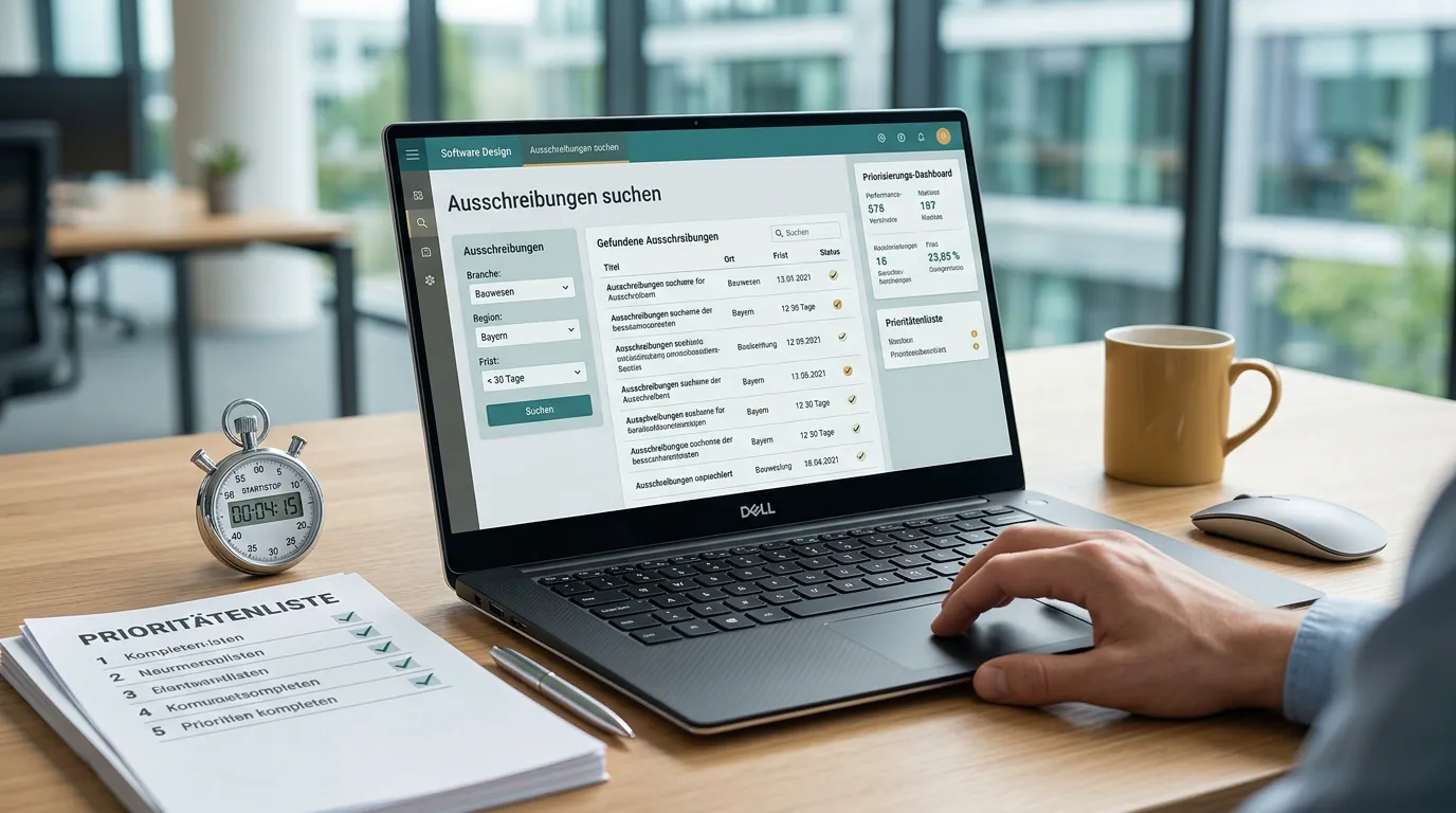 Editorial illustration of a focused search beam filtering relevant tenders from a crowded market landscape.